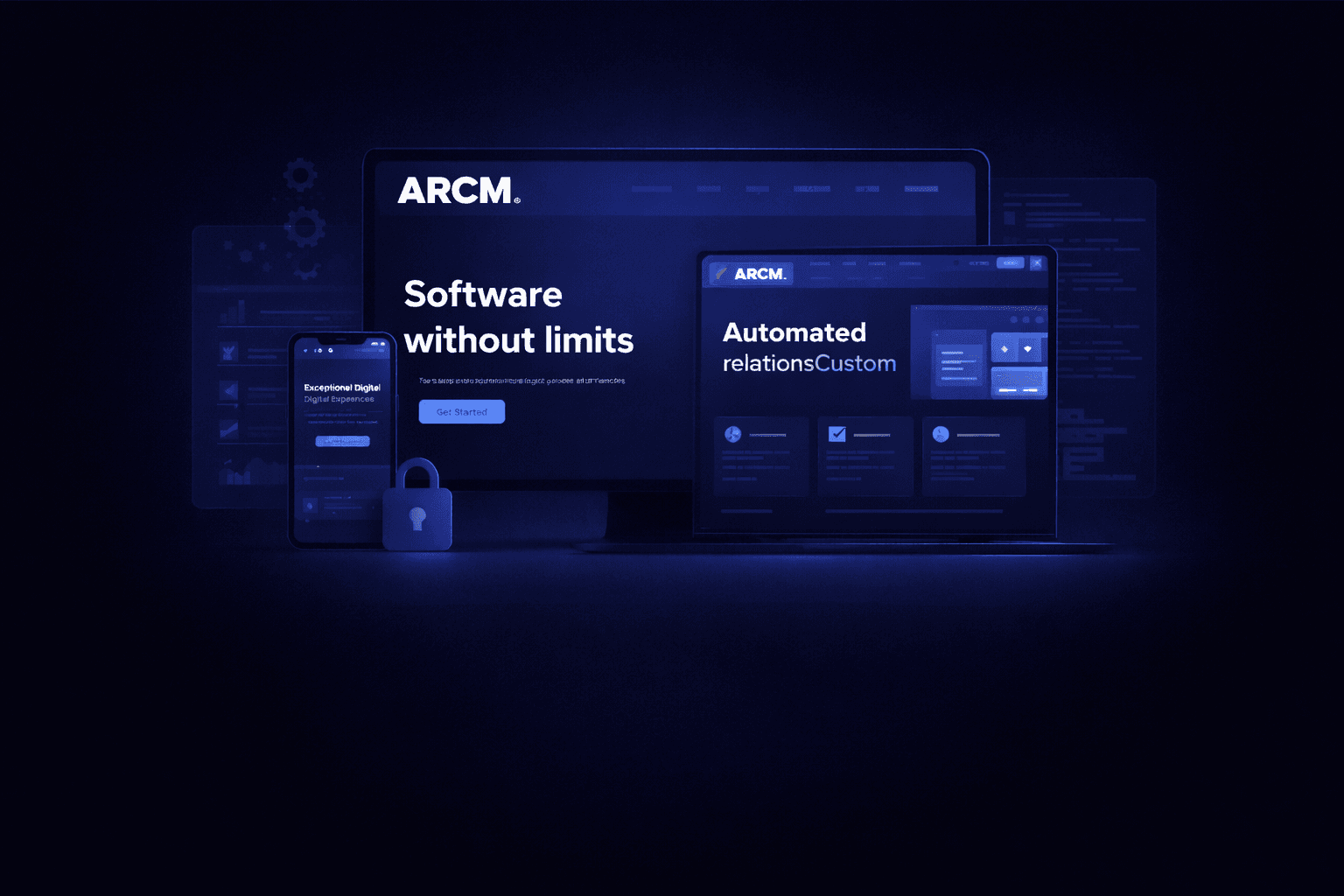 ARCM branded engineering interface across desktop and mobile screens